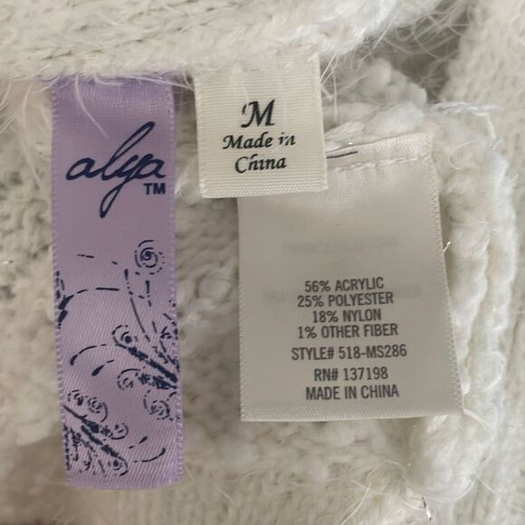 Alya Eyelash Popcorn Metallic Knit Open Front Longline Cardigan Sweater M Ivory - Picture 8 of 9